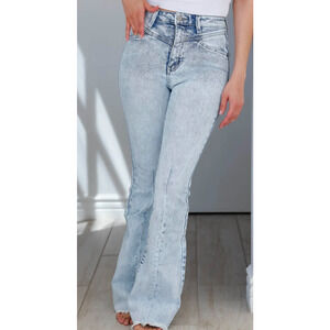 Kancan Acid Wash Stretch High Rise Fray Hem Lower Center Seam Flare Jeans, W25